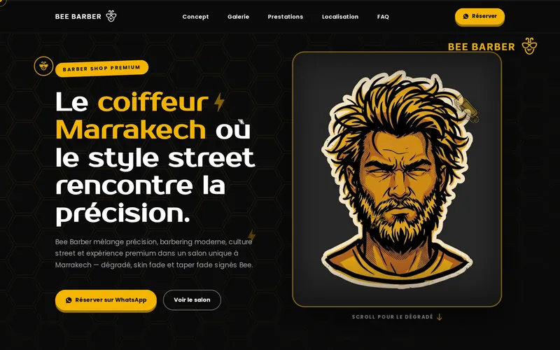 Page d'accueil du site Bee Barber, réalisé par Ghassanova