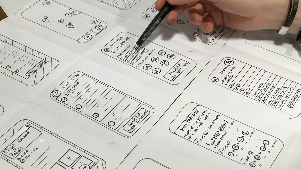 Maquettes d'écrans dessinées à la main sur papier